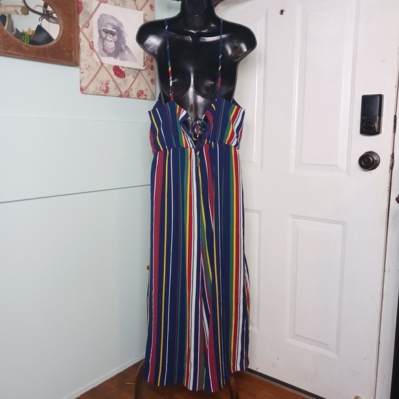 Wrangler Women's Jumpsuit Wide Leg Multicolor Spaghetti Strap w pockets Sz Large - Picture 5 of 9